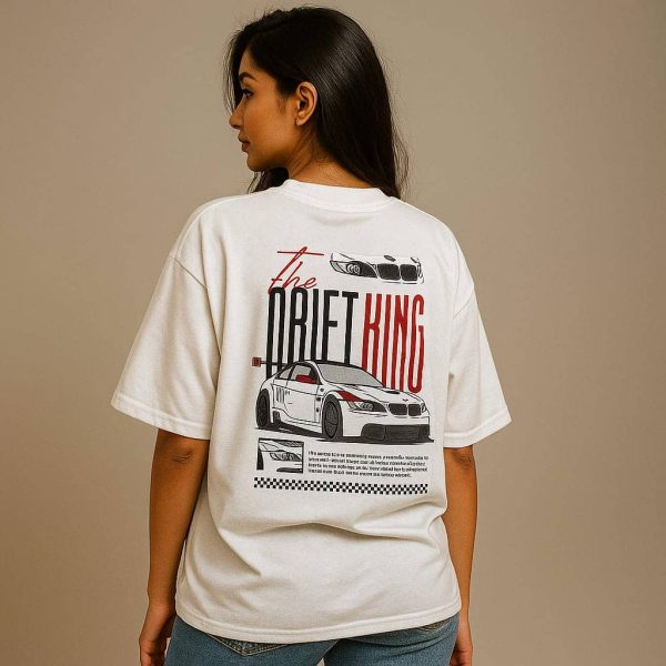 Oversized White Graphic T-Shirt for Women – Drift Mode Car Print | Dreon India - Image 3