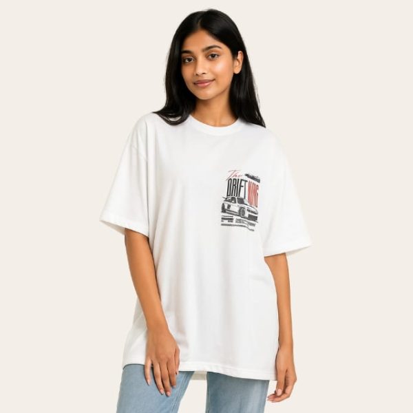 Oversized White Graphic T-Shirt for Women – Drift Mode Car Print | Dreon India