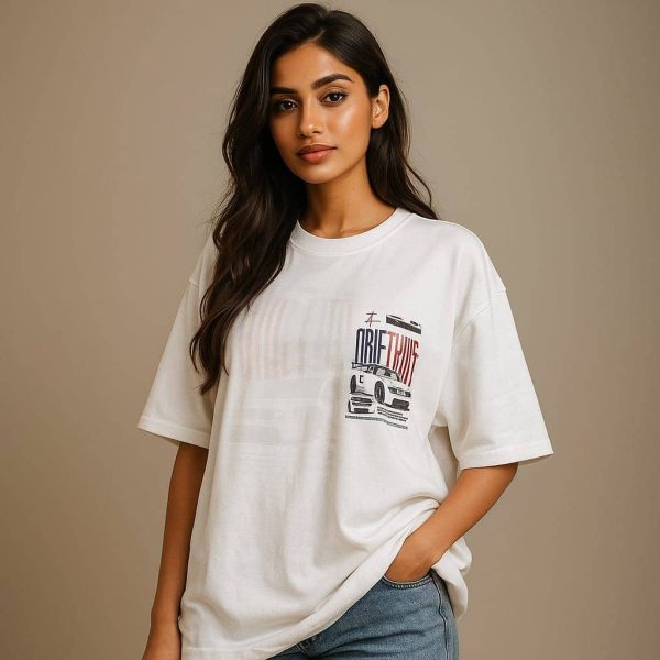 Oversized White Graphic T-Shirt for Women – Drift Mode Car Print | Dreon India - Image 4