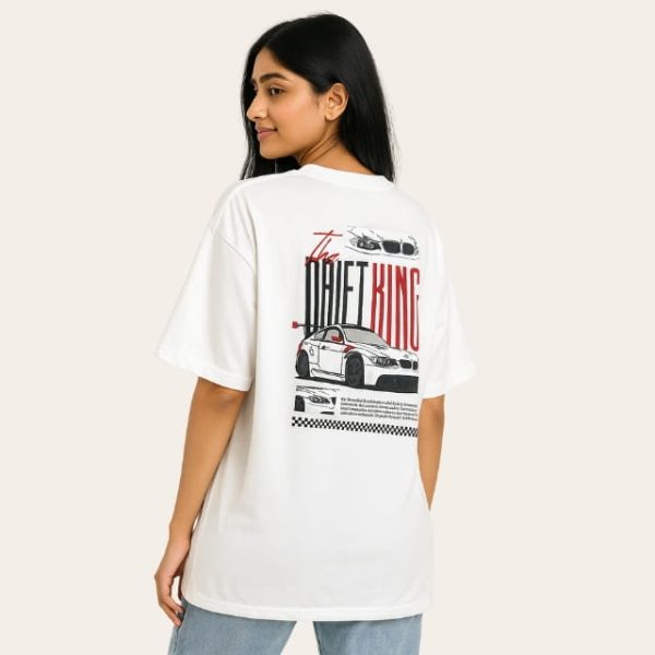 Oversized White Graphic T-Shirt for Women – Drift Mode Car Print | Dreon India - Image 2