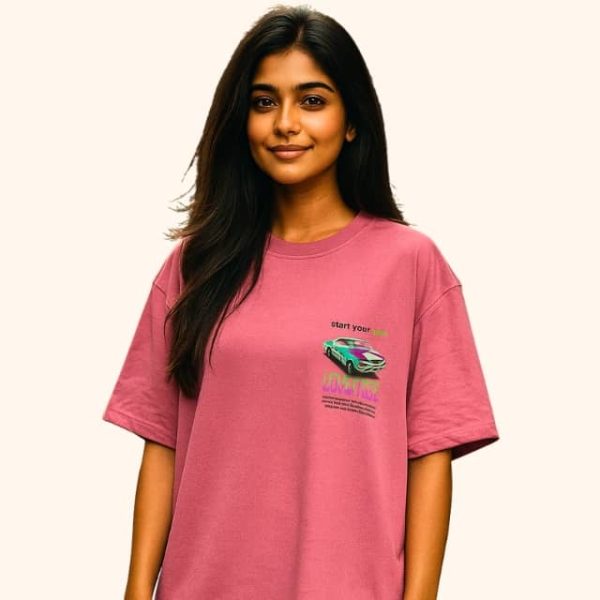 Women’s Oversized Graphic T-Shirt – “Start Your Ride” Car Print | Dreon India - Image 3